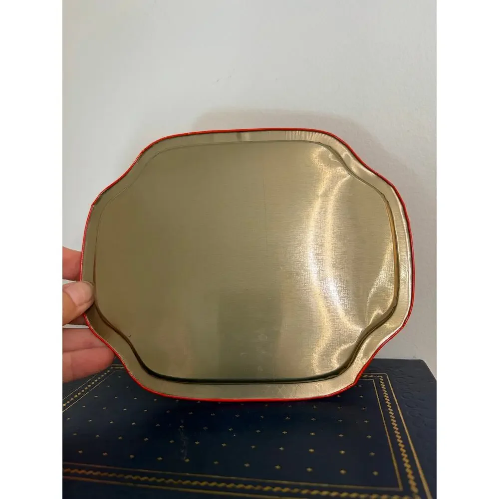 Vintage Metal Snack tray Red Background Christmas Tree Design 1980'S Set Of 4